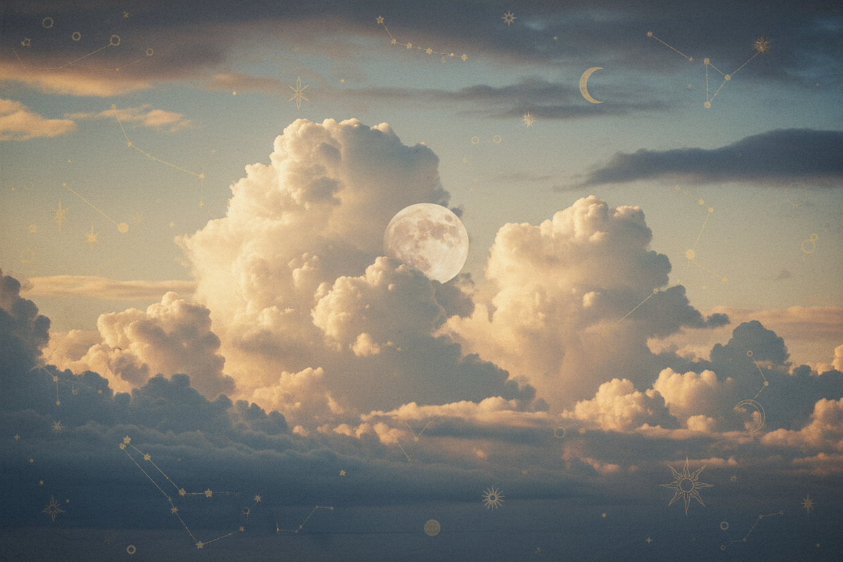 Vintage-style celestial illustration of a full moon nestled in soft morning clouds with delicate gold constellation lines and astrological symbols for the Forrest Astrology blog.