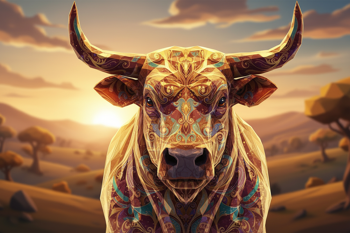 An ornate, stylized Taurus bull adorned with golden mandala patterns and colorful filigree, standing in a warm, sunlit desert landscape at sunset.